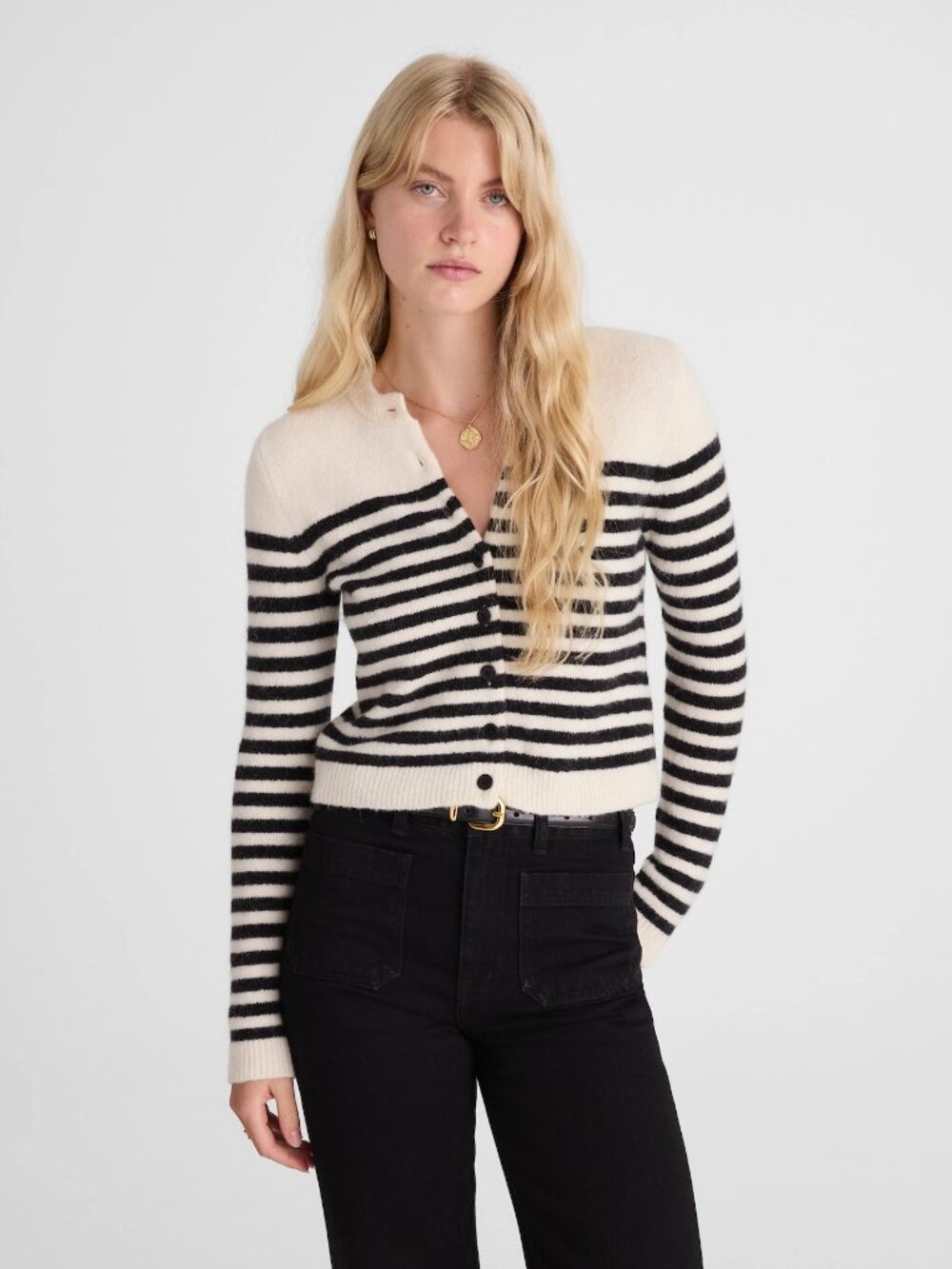 Madewell CloudSoft Shrunken Cardigan in Biscuit and Grey Stripe, Size Large
